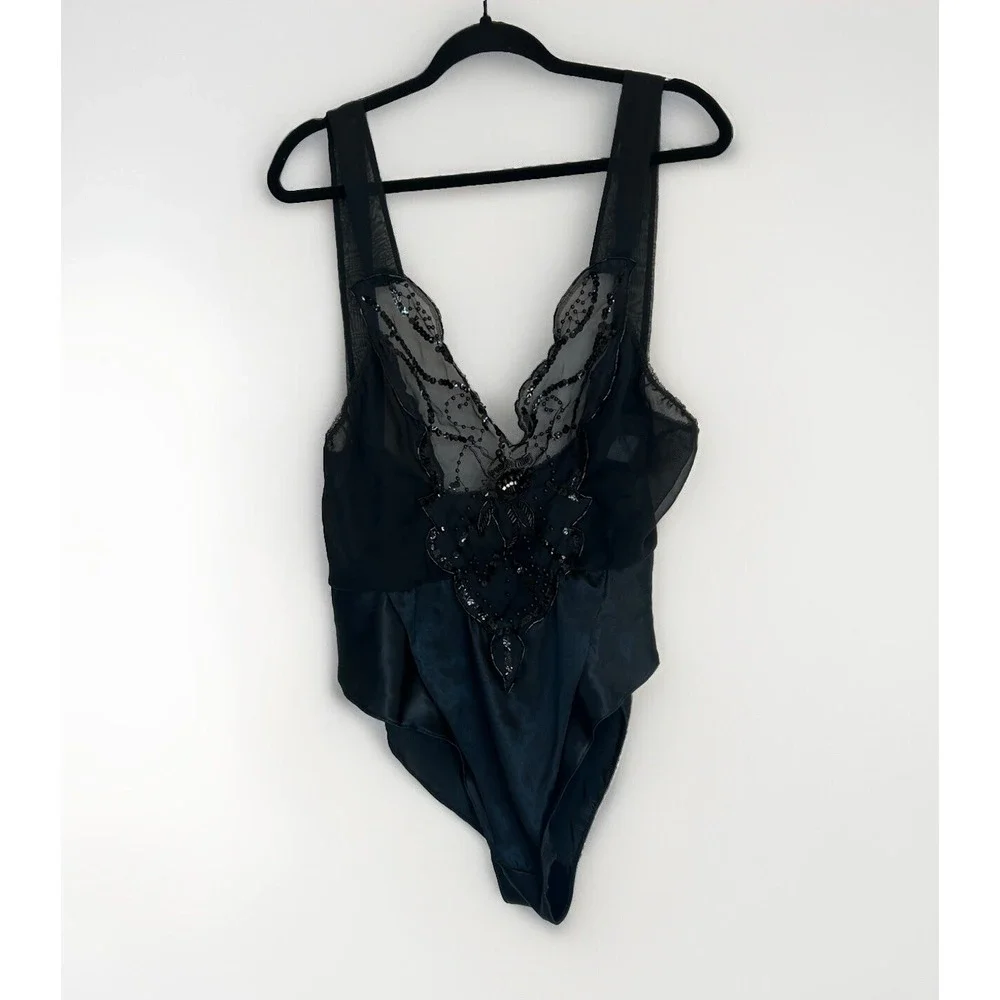 Vintage 80s Mara Black Sheer Satin Beaded‎ Teddy High Cut L Sequin Lingerie
